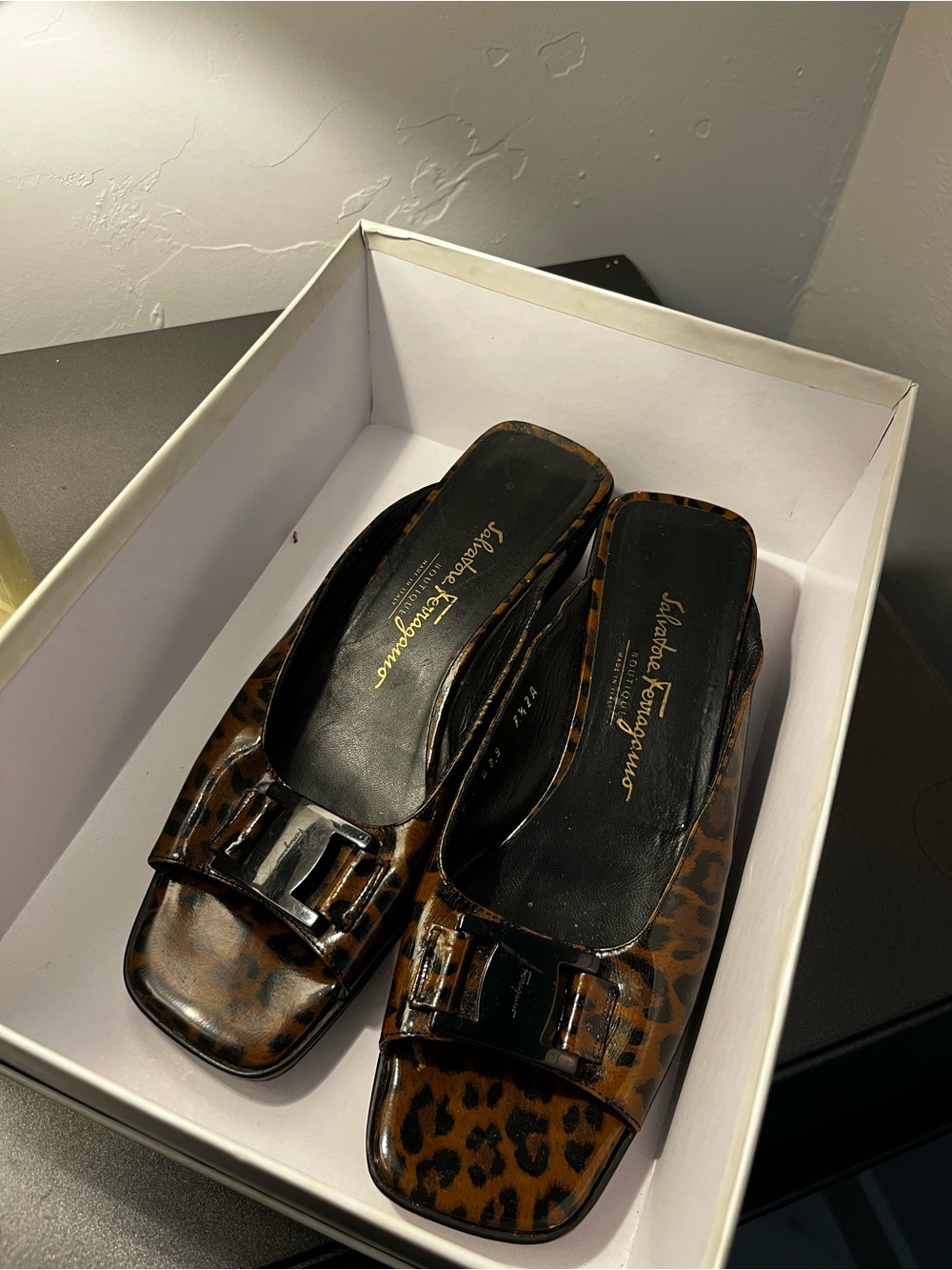 Salvatore Ferragamo Women's Leopard Patent Leather Slide Heels - Brown